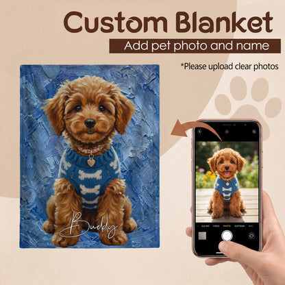 Personalized Oil Painting Style Pet Photo Soft Throw Blanket with Name Home Decor Birthday Pet Memorial Gift for Pet Lovers