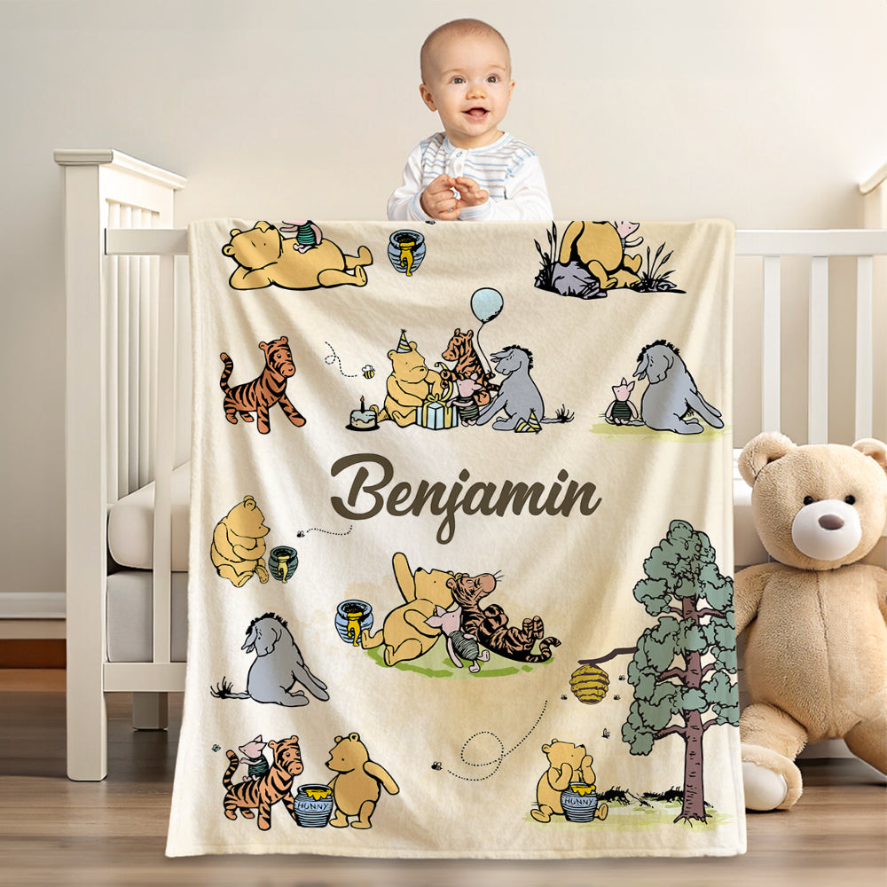 Personalized Classic Winnie the Pooh Illustration Soft Throw Blanket with Name Nursery Decor Birthday Baby Shower Gift for Newborns Boys Girls