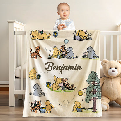 Personalized Classic Winnie the Pooh Illustration Soft Throw Blanket with Name Nursery Decor Birthday Baby Shower Gift for Newborns Boys Girls
