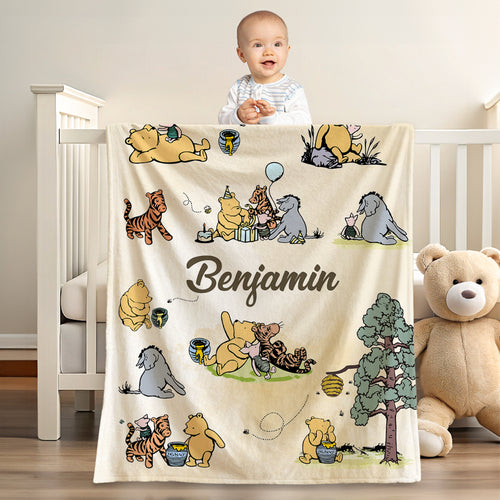 Personalized Classic Winnie the Pooh Illustration Soft Throw Blanket with Name Nursery Decor Birthday Baby Shower Gift for Newborns Boys Girls