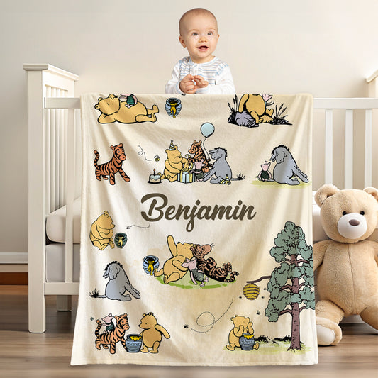 Personalized Classic Winnie the Pooh Illustration Soft Throw Blanket with Name Nursery Decor Birthday Baby Shower Gift for Newborns Boys Girls