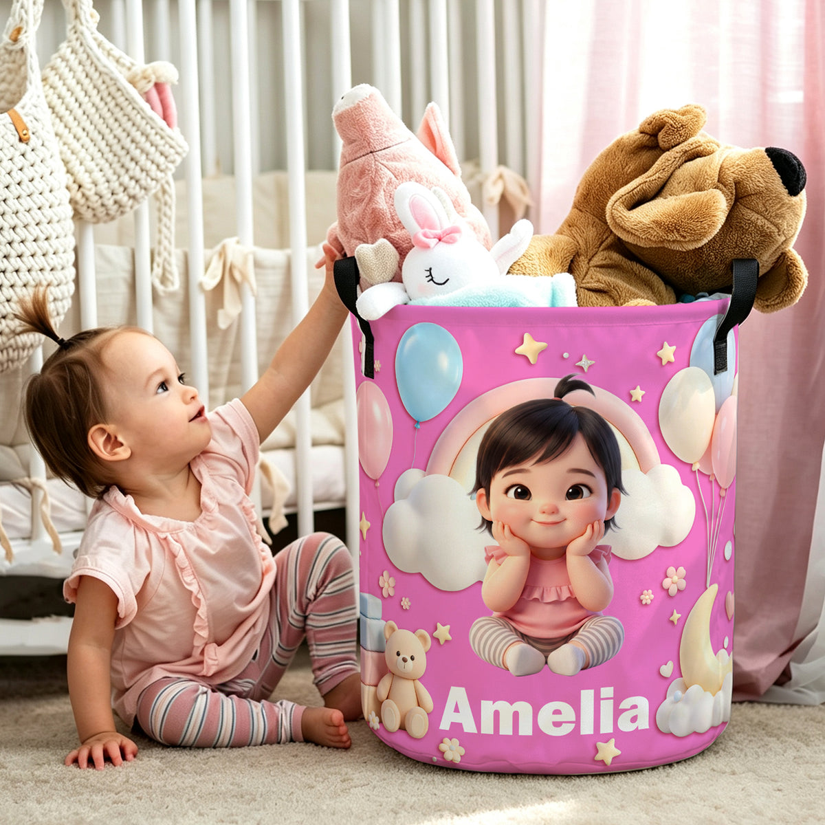 Personalized Cartoon Style Photo Waterproof Laundry Storage Basket with Name and Handles Room Decor Birthday Gift for Kids Boys Girls