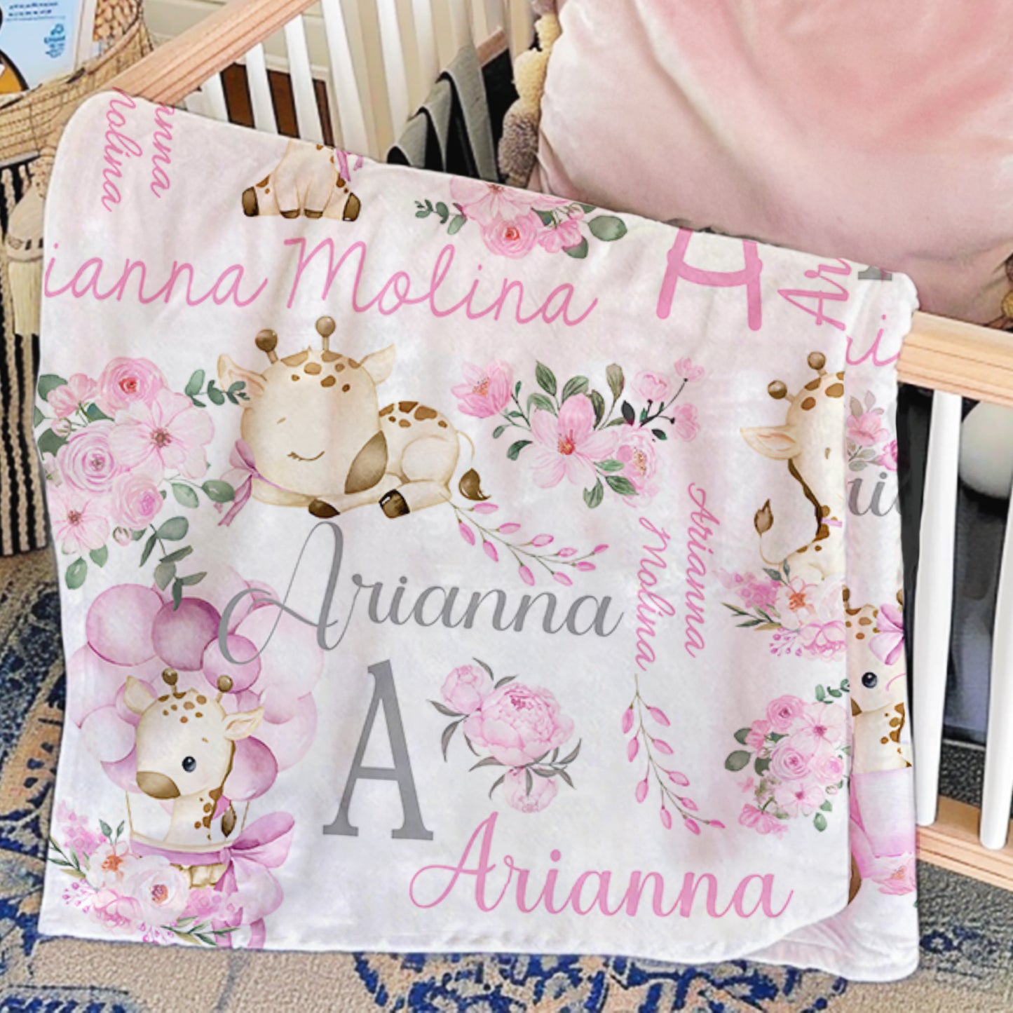 Personalized Cute Floral Giraffe Soft Throw Blanket with Initial and Name Nursery Decor Baby Shower Birthday Gift for Kids Newborn