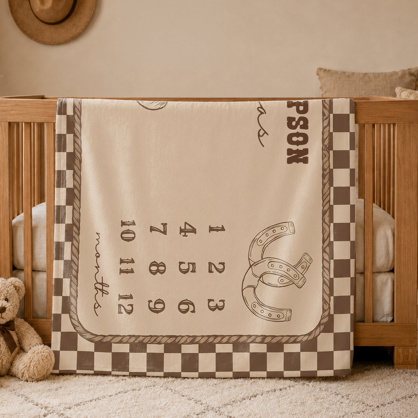 Personalized Western Cowboy Boots and Hat Plaid Month Soft Throw Baby Blanket with Name and Tassels Nursery Decor Birthday Gift for Baby Newborn