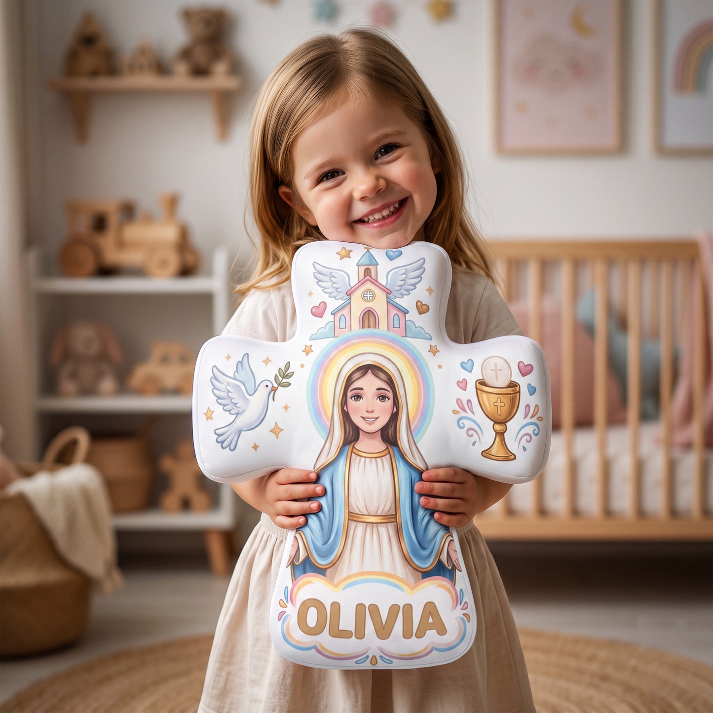 Personalized the Virgin and Child Christian Cross Shaped Soft Throw Pillow with Name Home Decor Birthday Gift for Kids