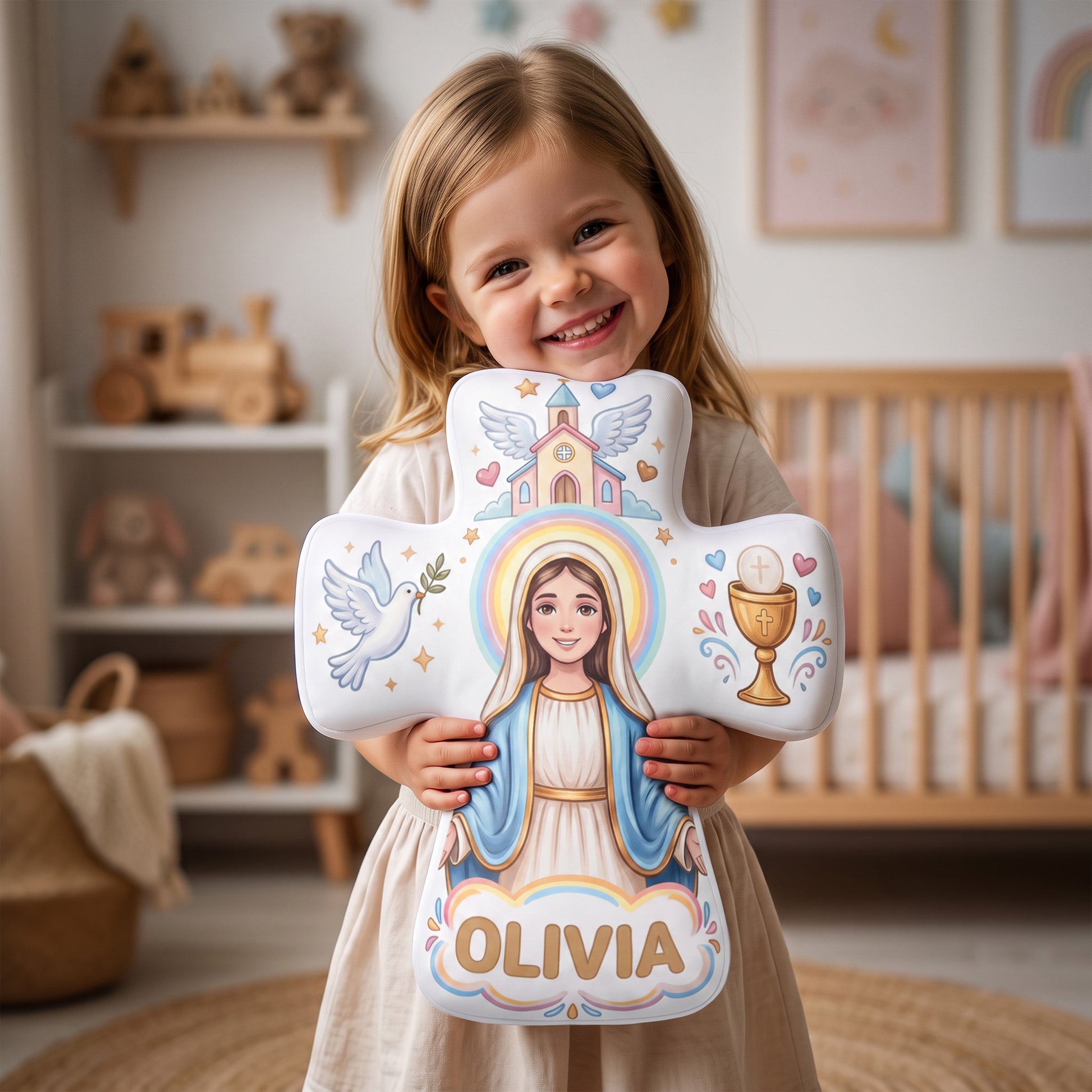 Personalized the Virgin and Child Christian Cross Shaped Soft Throw Pillow with Name Home Decor Birthday Gift for Kids