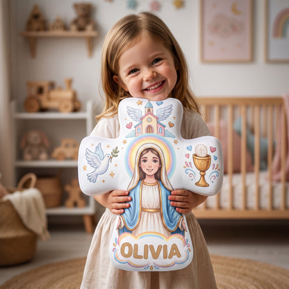 Personalized the Virgin and Child Christian Cross Shaped Soft Throw Pillow with Name Home Decor Birthday Gift for Kids
