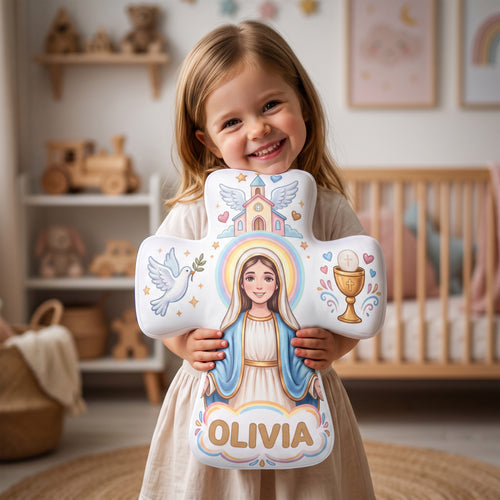 Personalized the Virgin and Child Christian Cross Shaped Soft Throw Pillow with Name Home Decor Birthday Gift for Kids