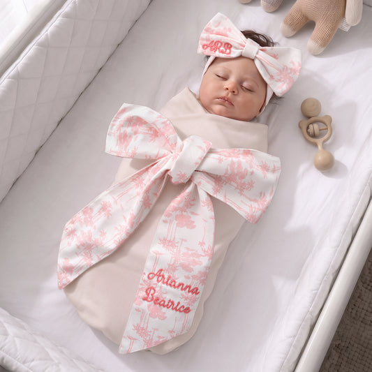Personalized Embroidered Name Pink Coconut Trees Bow Headband Sash Set Maternity Photography Prop Baby Shower Gift for Newborn Mom