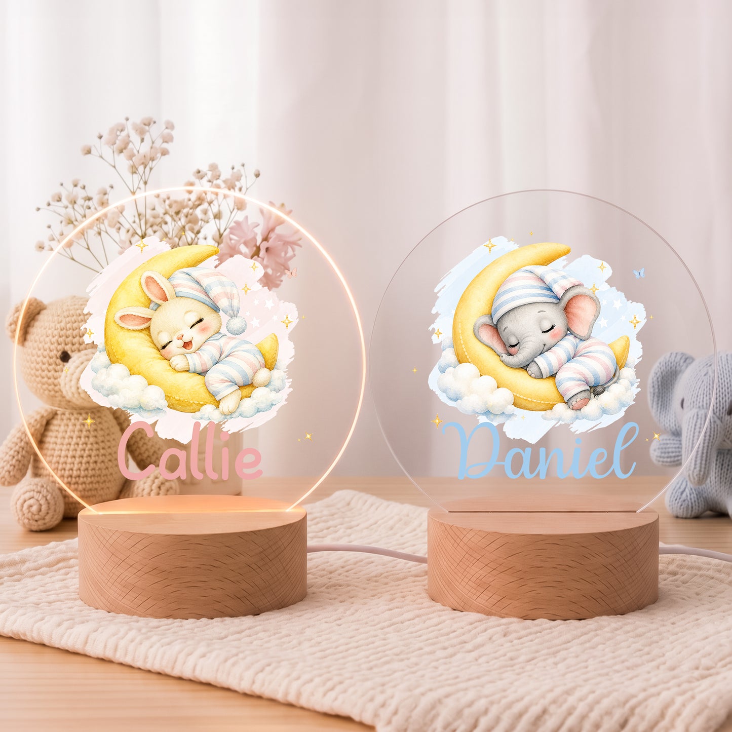 Personalized Cute Cartoon Animal Acrylic LED Night Light with Name and Wooden Base Bedside Decor Birthday Gift for Kids New Parents