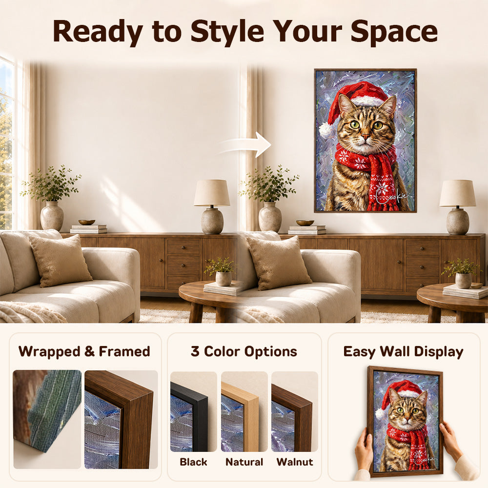 Personalized Oil Painting Style Christmas Hat Dog Cat Photo Large Canvas Prints with Name Home Decor Ship from USA Christmas Gift for Pet Owner Lover