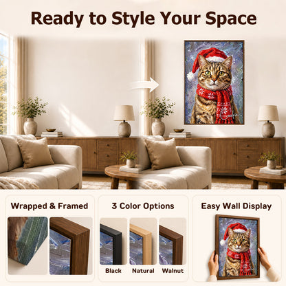 Personalized Oil Painting Style Christmas Hat Dog Cat Photo Large Canvas Prints with Name Home Decor Ship from USA Christmas Gift for Pet Owner Lover