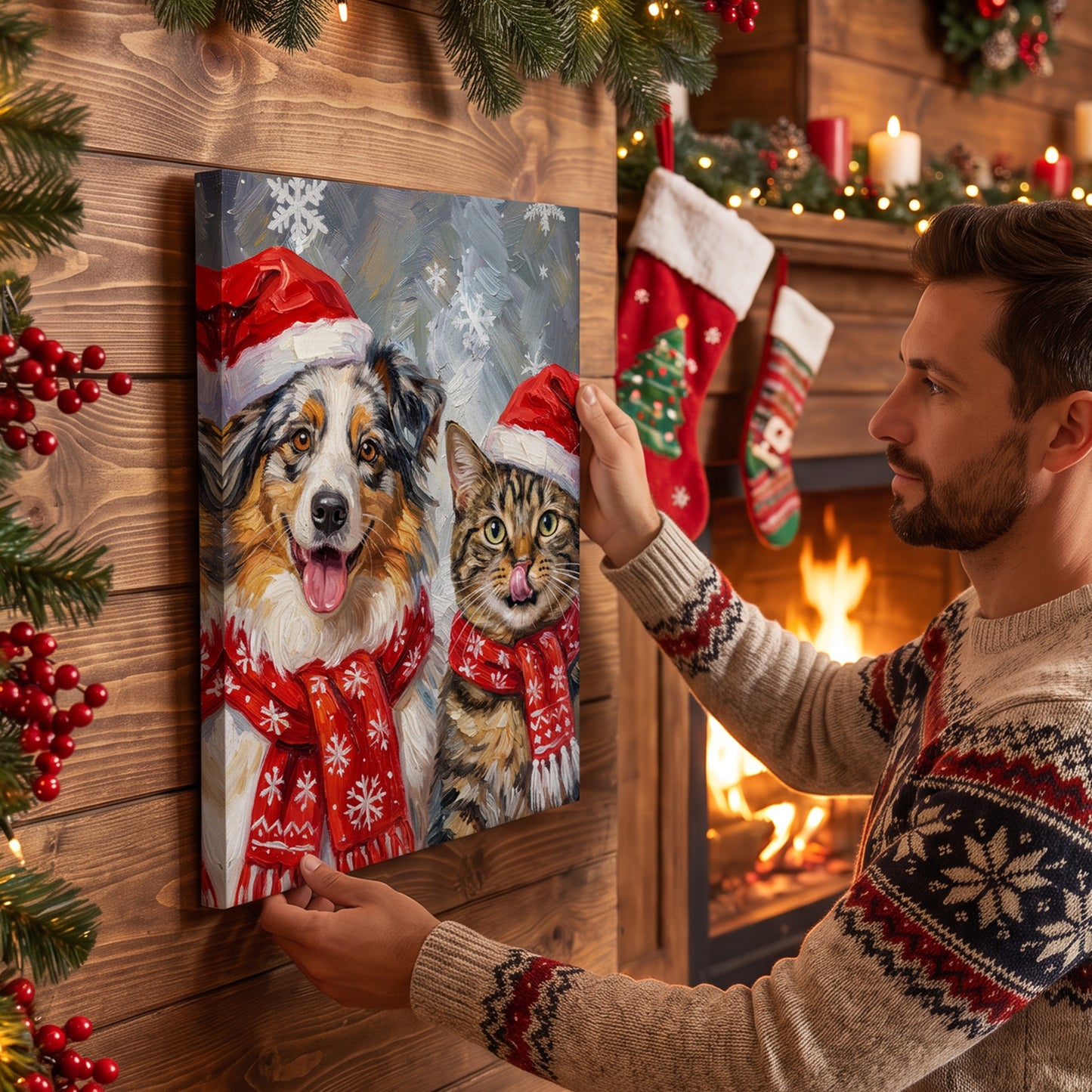 Personalized Oil Painting Style Christmas Hat Dog Cat Photo Large Canvas Prints with Name Home Decor Ship from USA Christmas Gift for Pet Owner Lover