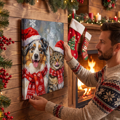Personalized Oil Painting Style Christmas Hat Dog Cat Photo Large Canvas Prints with Name Home Decor Ship from USA Christmas Gift for Pet Owner Lover