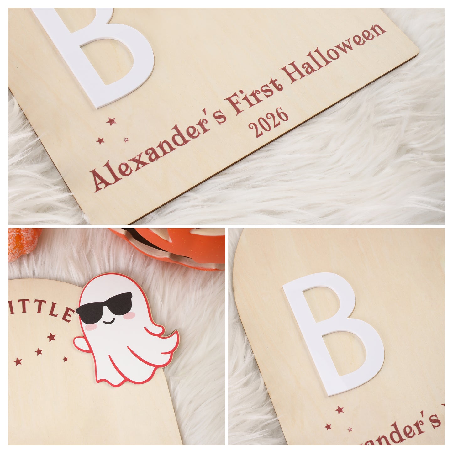 Personalized Ghost Bat Wooden DIY Footprint Art Sign with Name and Year Baby's First Halloween Gift for Baby New Parent
