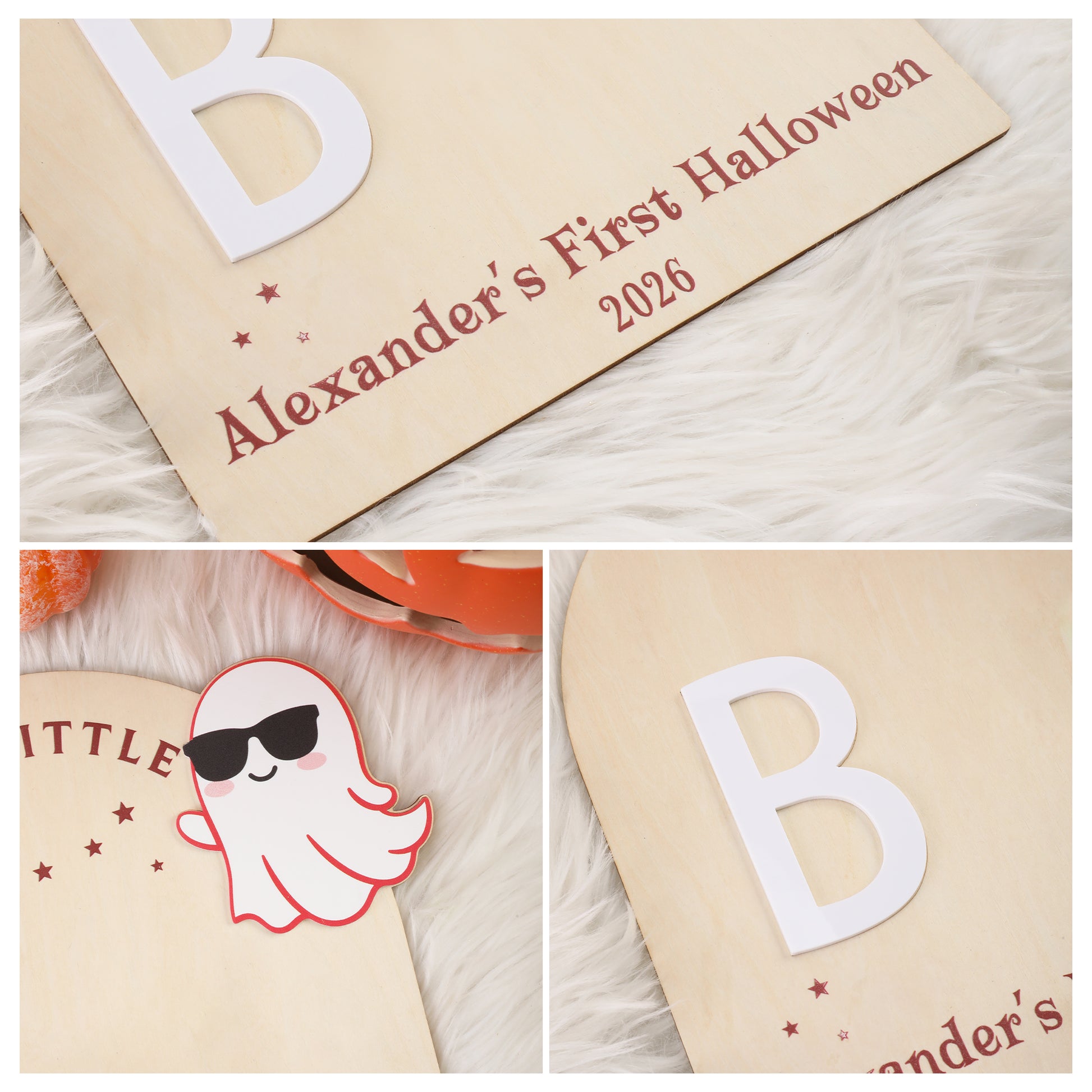 Personalized Ghost Bat Wooden DIY Footprint Art Sign with Name and Year Baby's First Halloween Gift for Baby New Parent