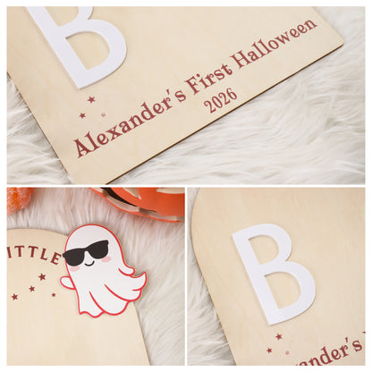 Personalized Ghost Bat Wooden DIY Footprint Art Sign with Name and Year Baby's First Halloween Gift for Baby New Parent