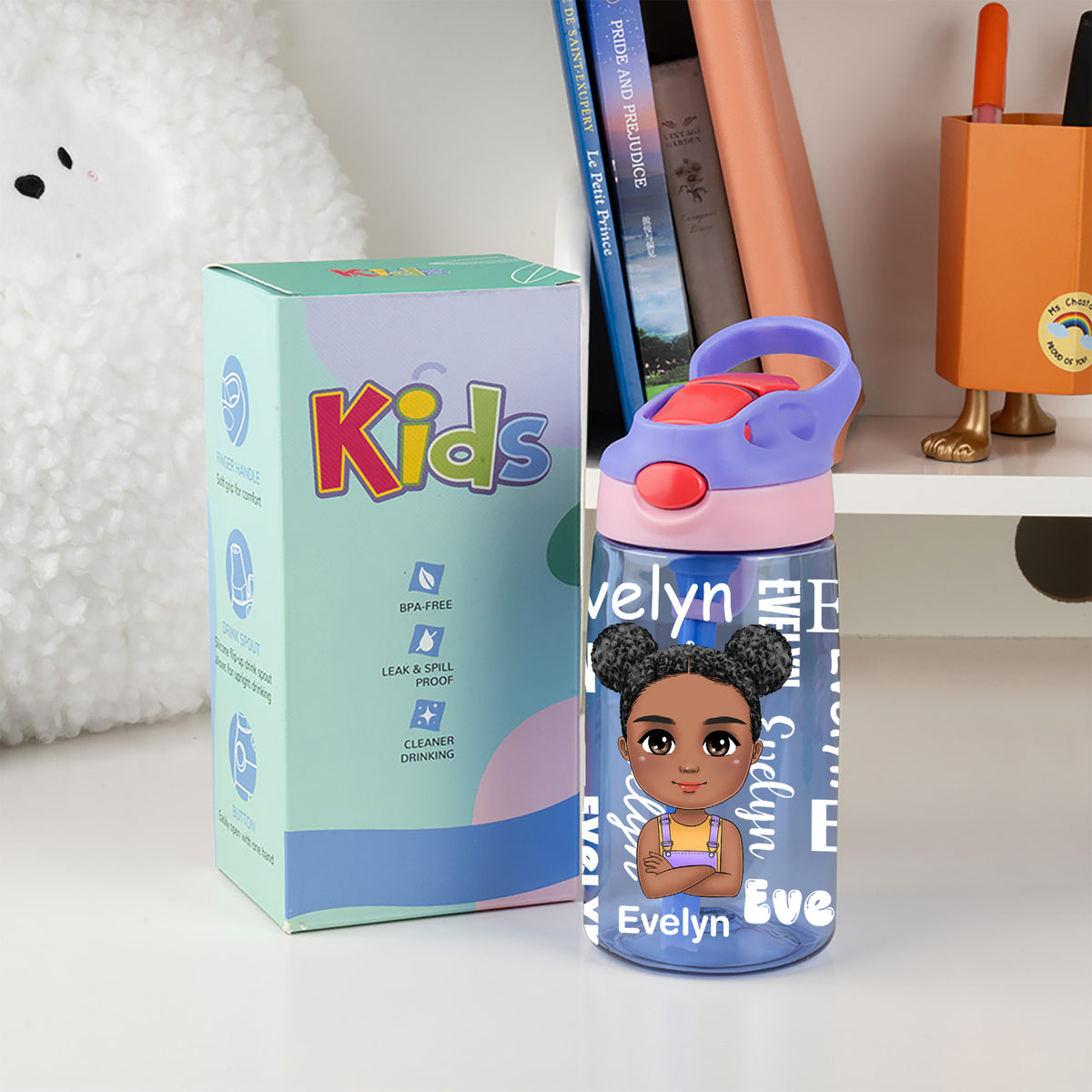 Personalized Cartoon Character Word Cloud 16 oz Water Bottle with Name and Silicone Straw Birthday Back to School Gift for Boys Girls