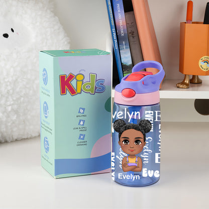 Personalized Cartoon Character Word Cloud 16 oz Water Bottle with Name and Silicone Straw Birthday Back to School Gift for Boys Girls