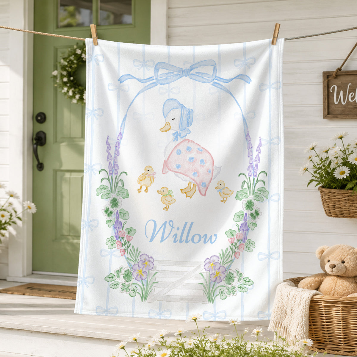 Personalized Cartoon Mother Duck Soft Throw Blanket with Name Nursery Bedding Decor Birthday Anniversary Gift for Newborns Kids