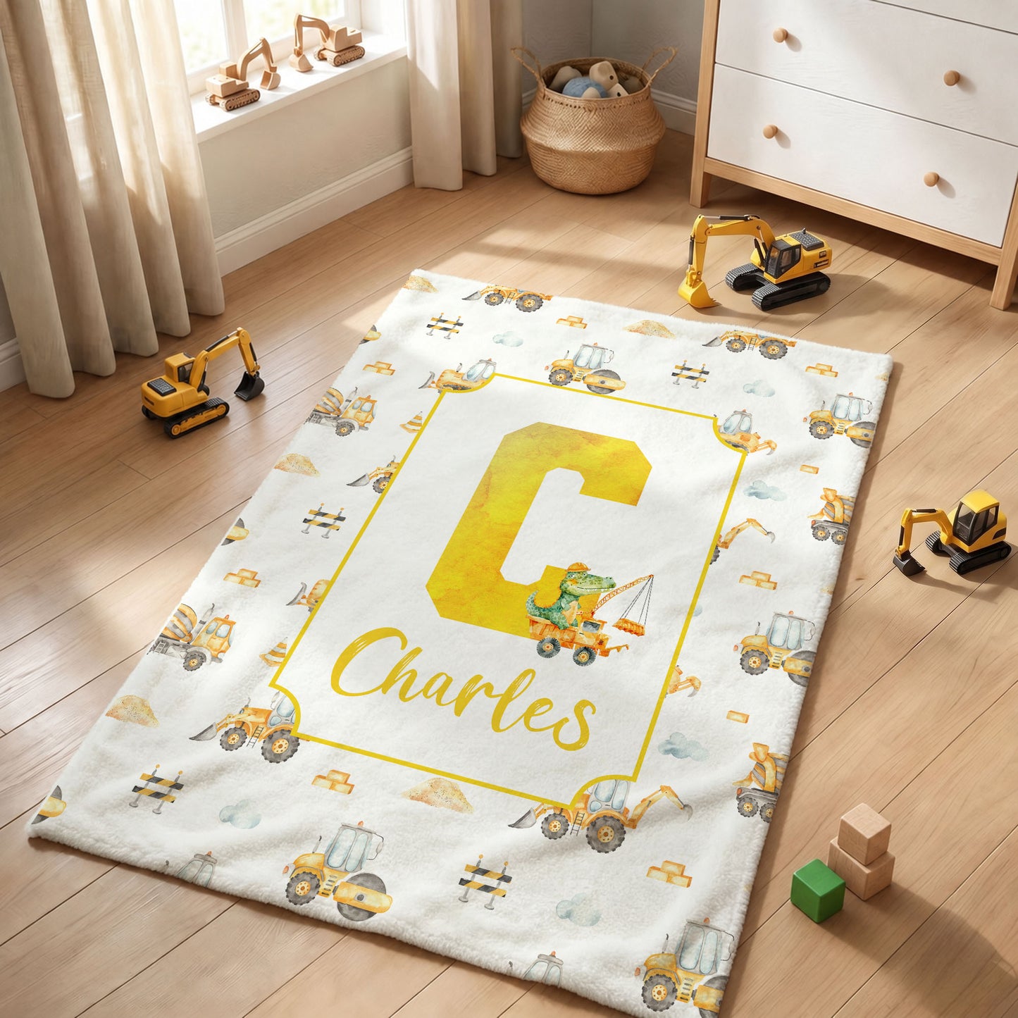 Personalized Cartoon Animal Construction Bulldozer Soft Throw Blanket with Name and Initial Nursery Decor Birthday Baby Shower Gift for New Baby