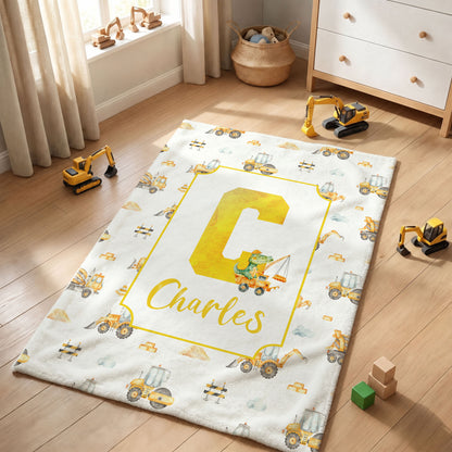Personalized Cartoon Animal Construction Bulldozer Soft Throw Blanket with Name and Initial Nursery Decor Birthday Baby Shower Gift for New Baby