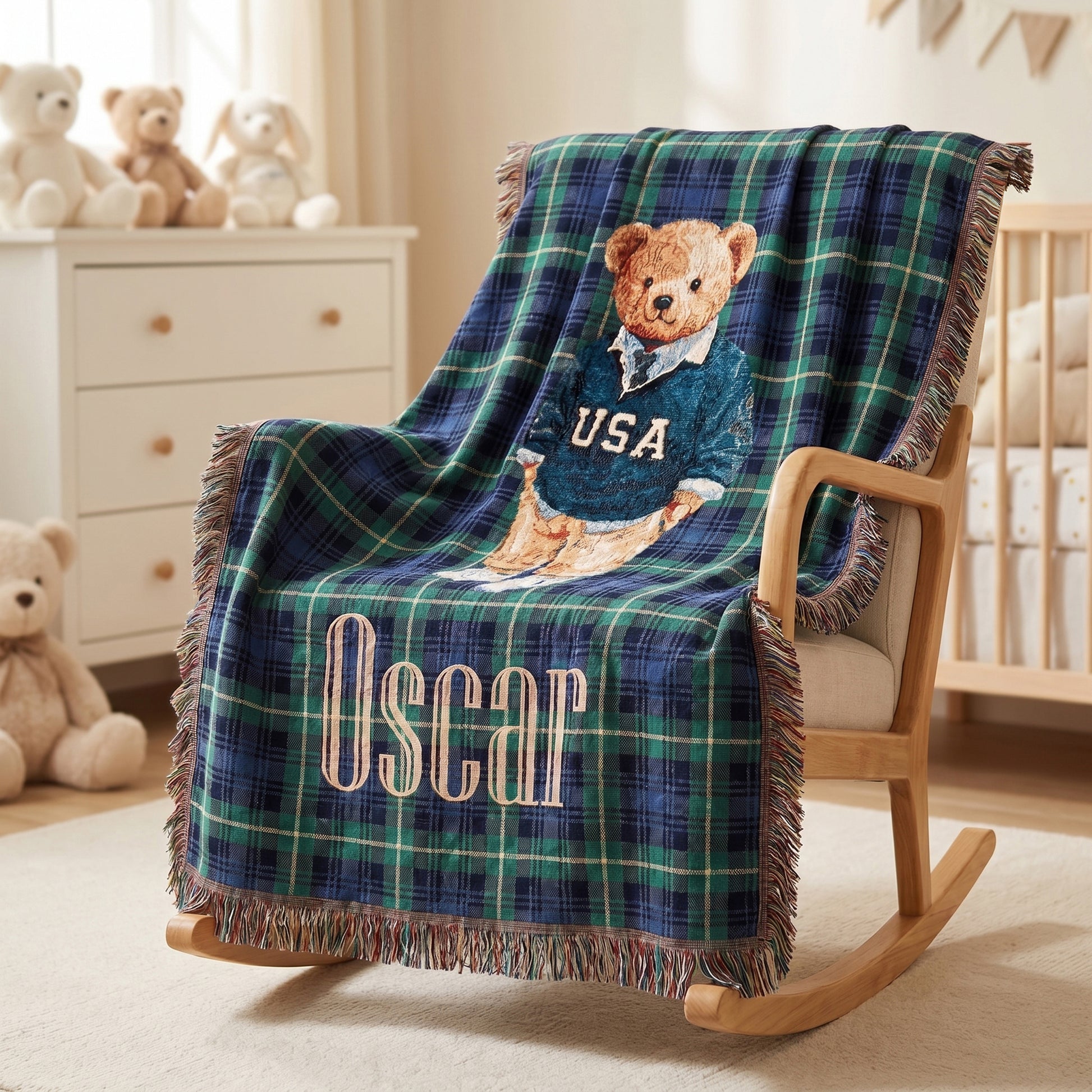 Personalized Plaid Cartoon Teddy Bear Soft Throw Blanket with Tassel and Name Baby Shower Christening Gift for New Parent