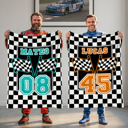 Personalized Checkered Flag Racing Design Soft Throw Blanket with Name and Number Home Decor Father's Day Birthday Gift for Man Racing Enthusiast