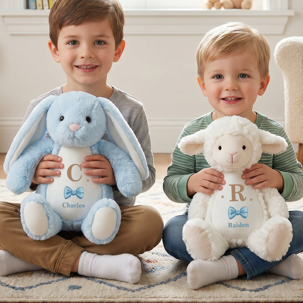 Personalized Cute Bow Bunny Bear Plush Toy with Name and Initial Daily Use Birthday Gift for Couple Kids