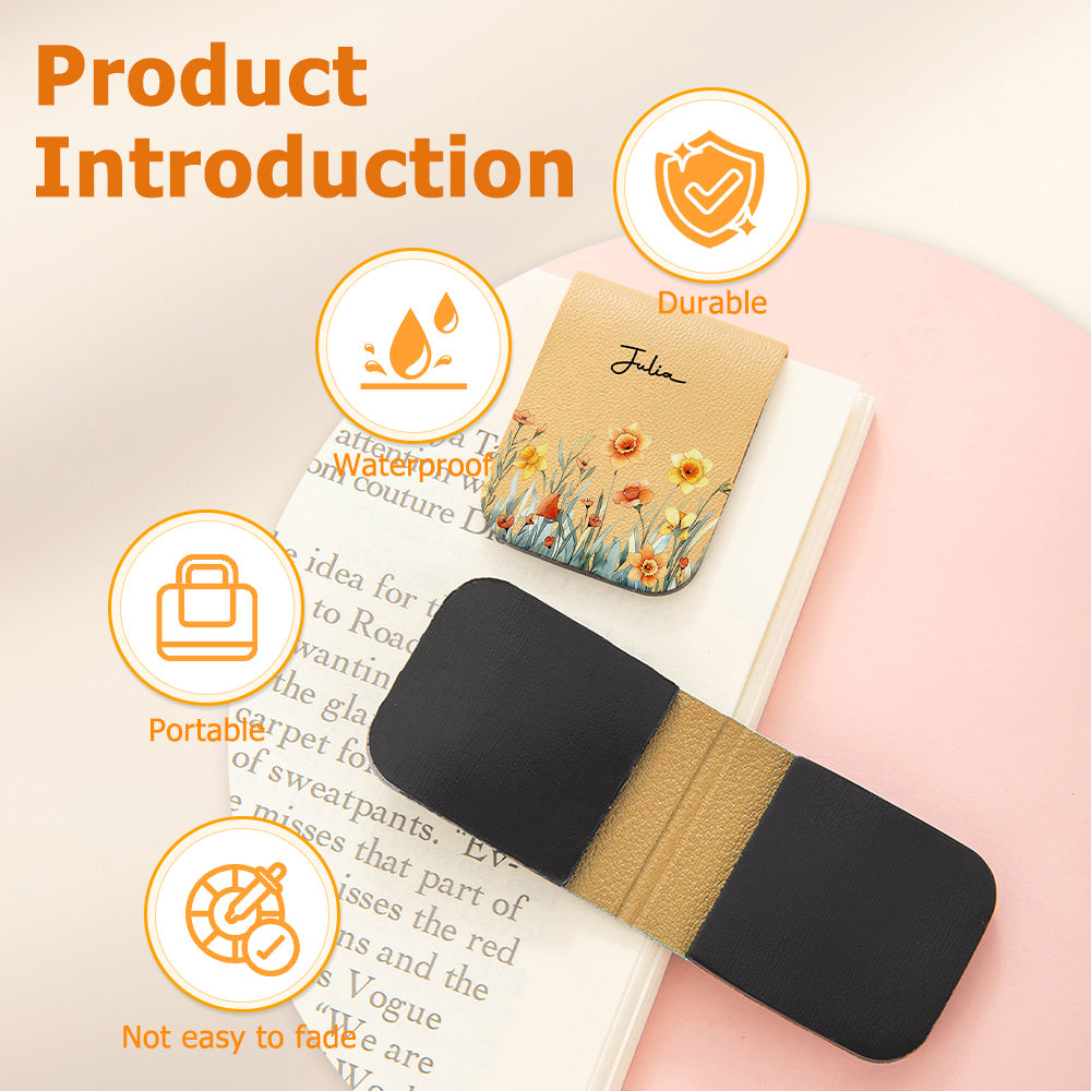 Personalized Watercolor Birth Flower Magnetic PU Leather Bookmark Clip with Name Reading Birthday Gift for Book Lovers Bookworms