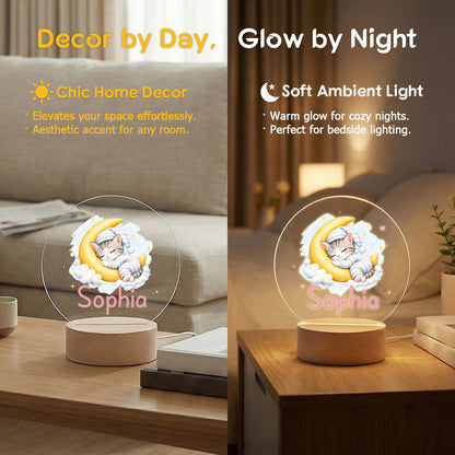 Personalized Cute Cartoon Animal Acrylic LED Night Light with Name and Wooden Base Bedside Decor Birthday Gift for Kids New Parents