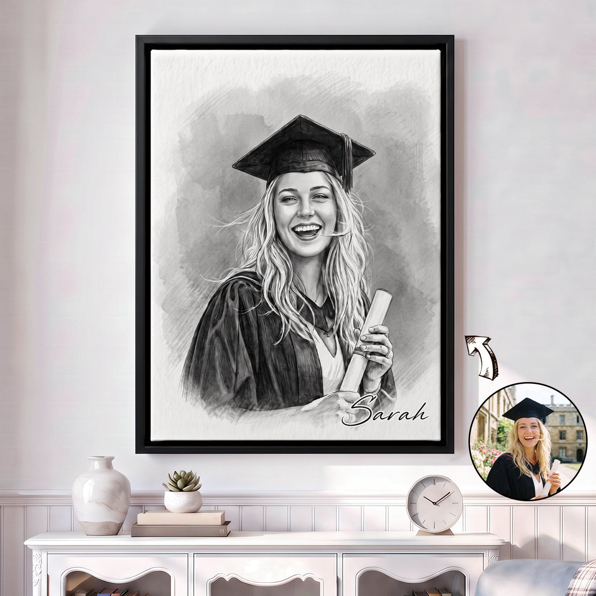 Personalized Sketch Portrait Photo Canvas Prints with Name Ship from USA Birthday Promotion Graduation Anniversary Memorial  Gift for Family Friends