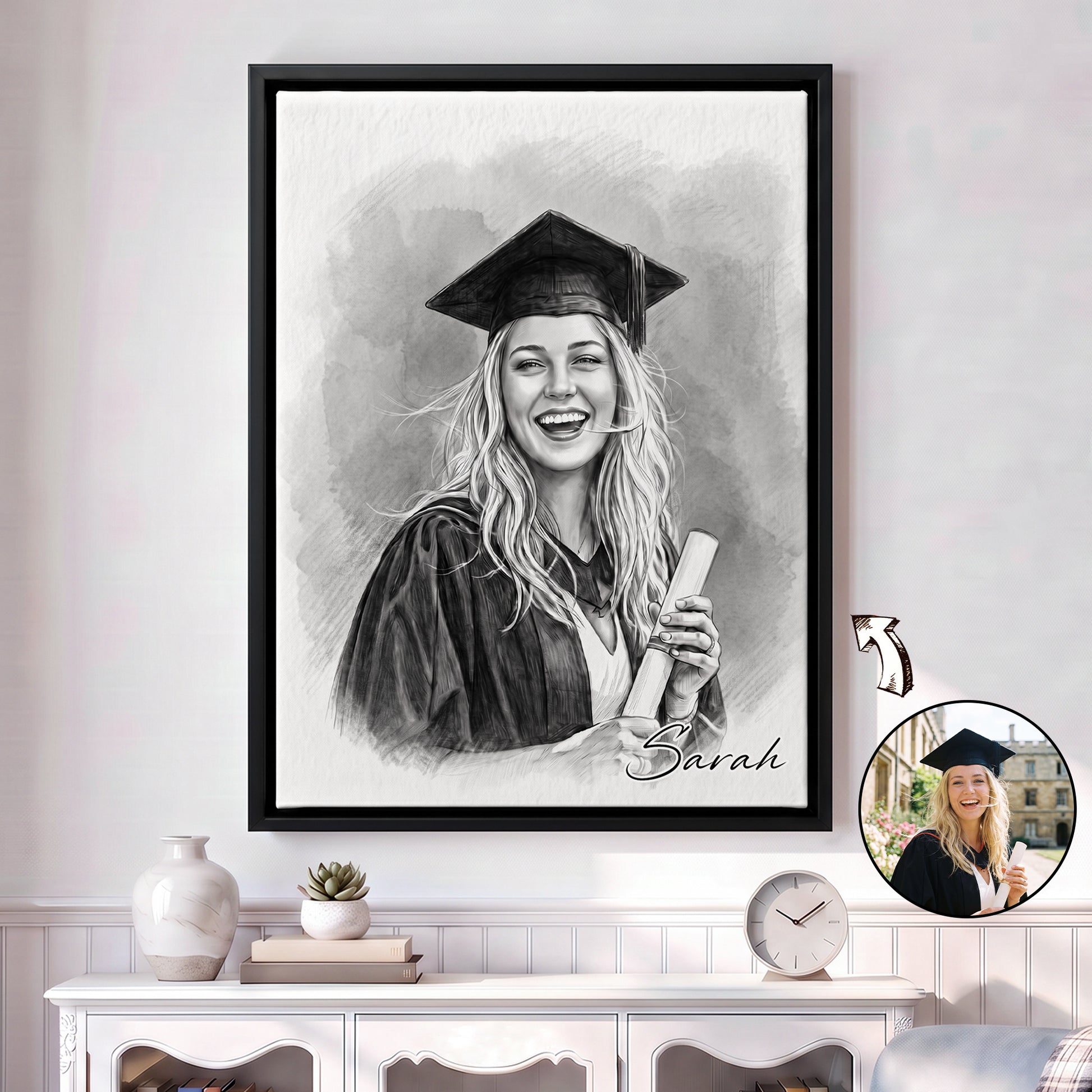 Personalized Sketch Portrait Photo Canvas Prints with Name Ship from USA Birthday Promotion Graduation Anniversary Memorial  Gift for Family Friends