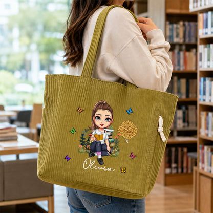Personalized Cartoon Reading Character Birth Flower Large Capacity Corduroy Tote Bag with Name Travel Essential Birthday Gift for Book Lover Bookworm
