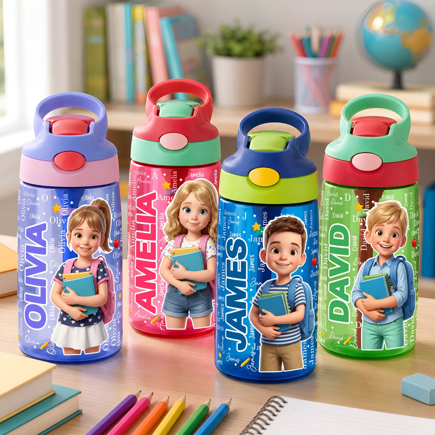 Personalized 3D-Style Design Cartoon Photo 16 oz Kid Water Bottle with Name and Silicone Straw Back to School Birthday Gift for Boys Girls