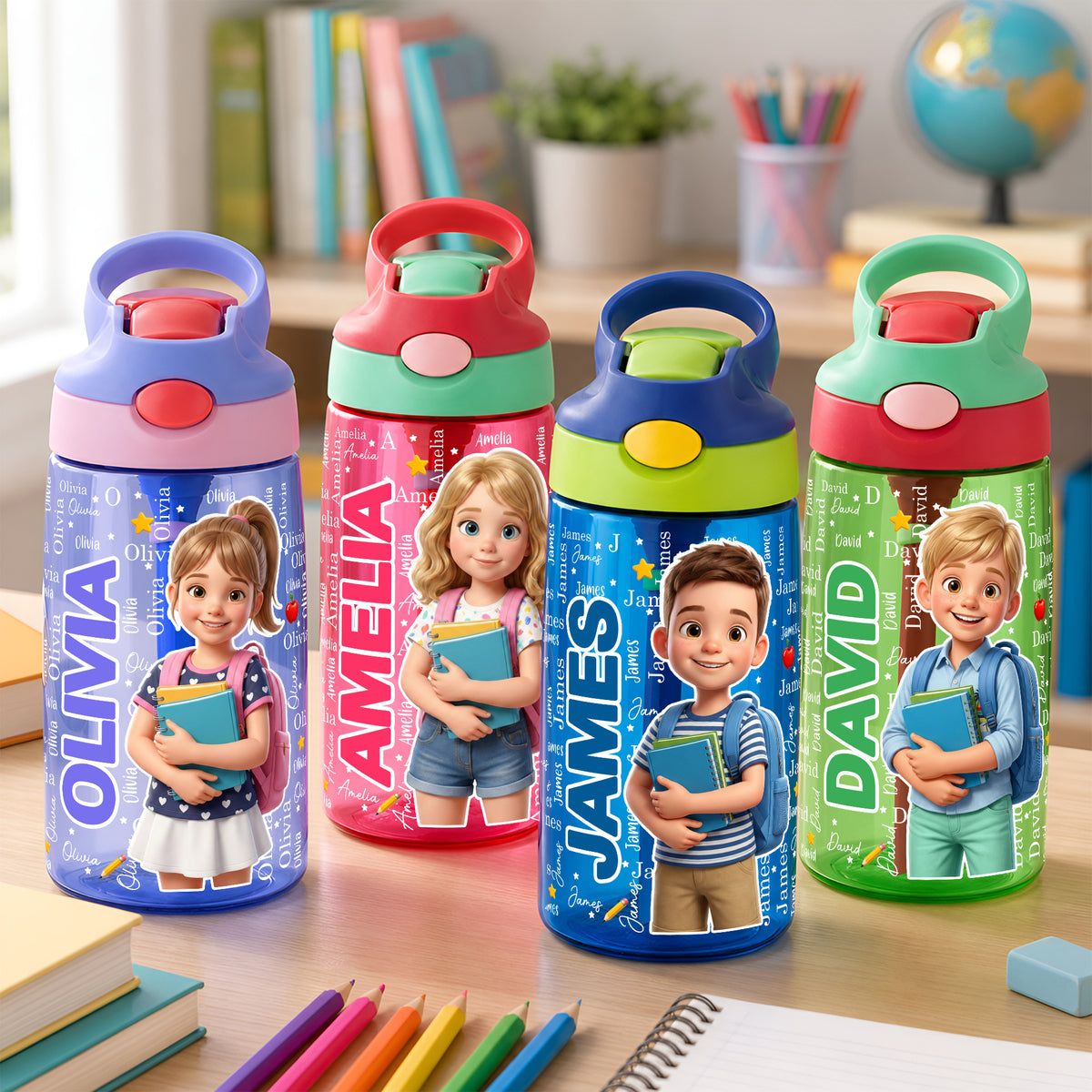 Personalized 3D-Style Design Cartoon Photo 16 oz Kid Water Bottle with Name and Silicone Straw Back to School Birthday Gift for Boys Girls
