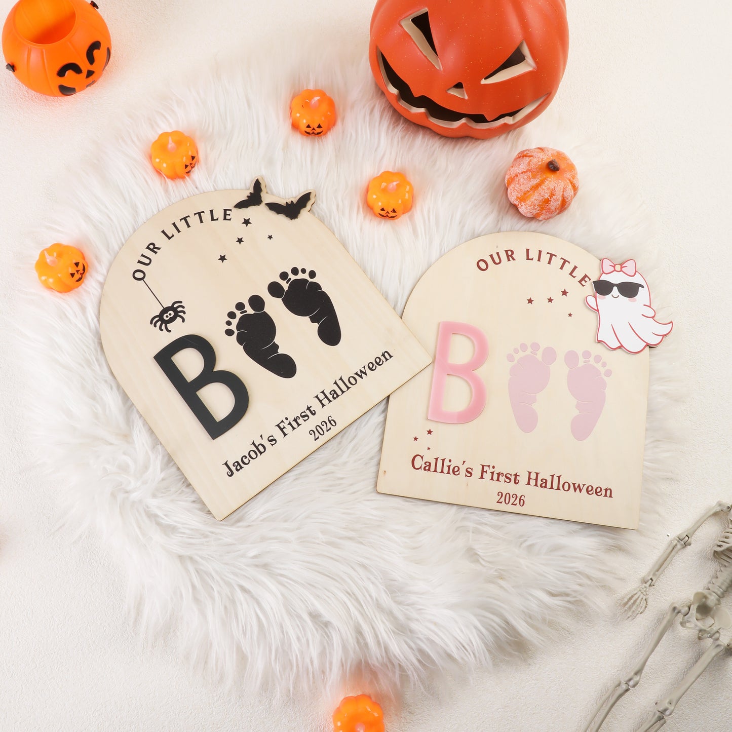 Personalized Ghost Bat Wooden DIY Footprint Art Sign with Name and Year Baby's First Halloween Gift for Baby New Parent