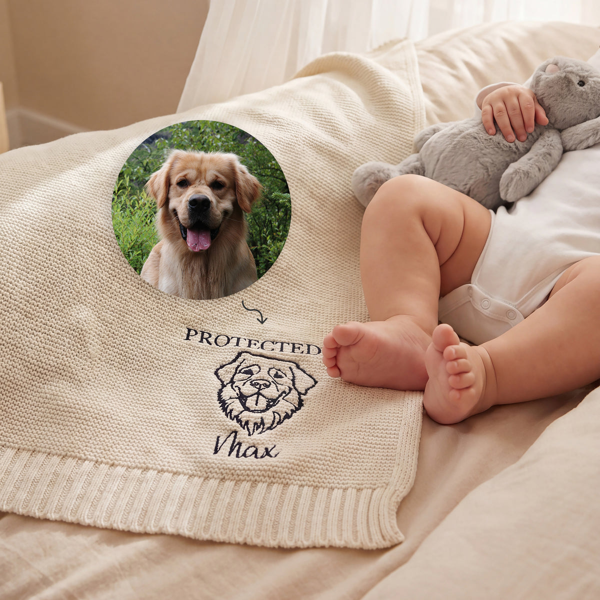 Personalized Embroidered Protected By Knitted Soft Cotton Baby Blanket with Name Baby Shower Birthday Gift for Newborns Kids