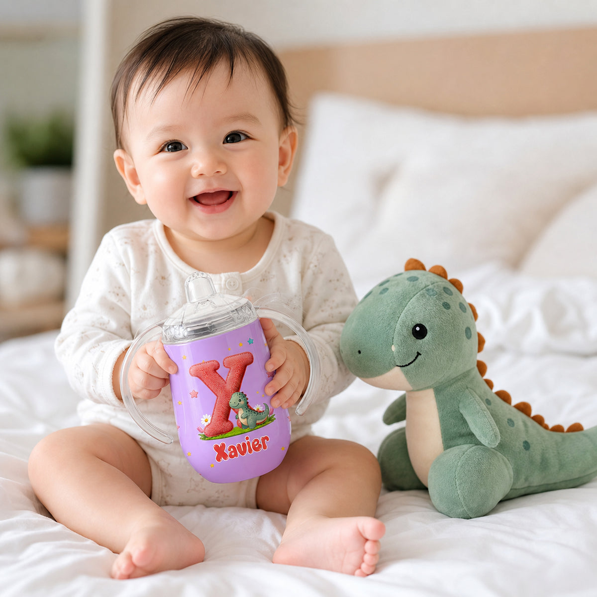 Personalized Cute Cartoon Animals Pattern Star Flower Cloud 10 oz Sippy Cup with Name and Initial Kindergarten Birthday Gift for Kids