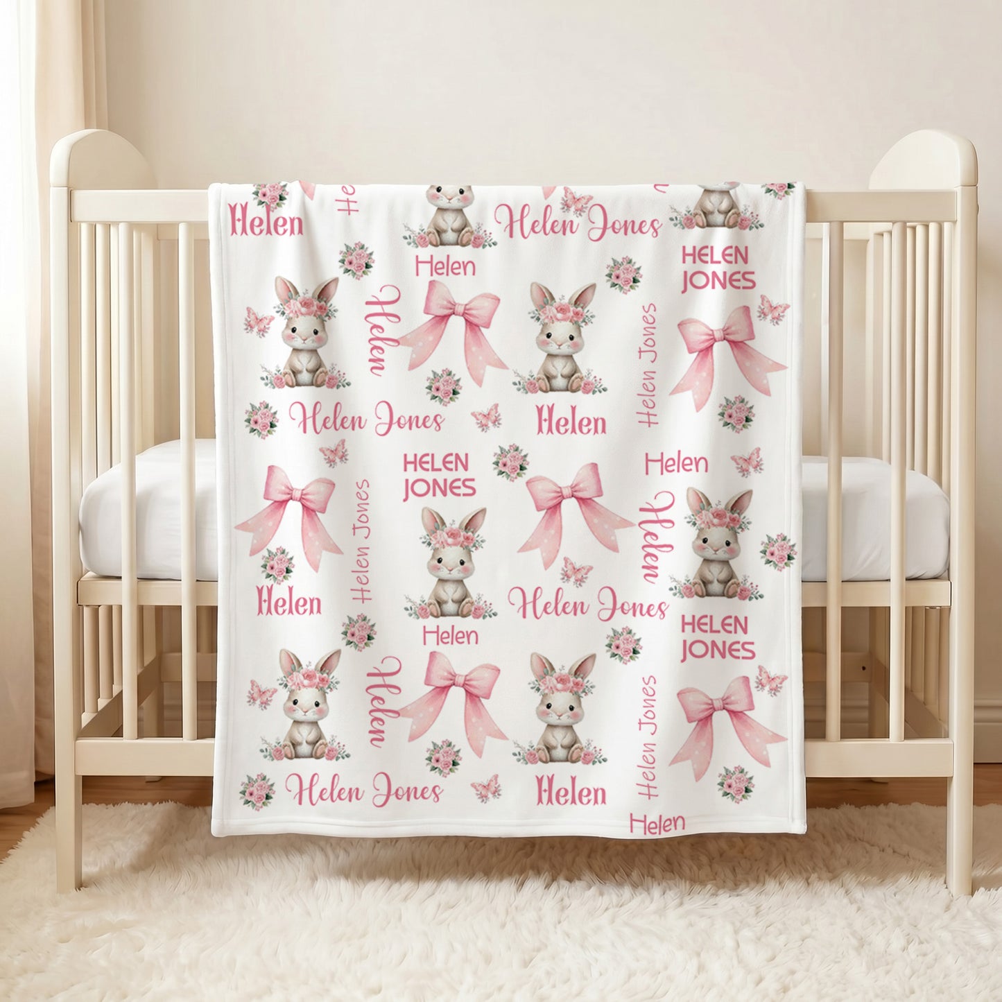 Personalized Floral Bunny Pink Bow Soft Throw Blanket with Name Bedroom Decor Baby Shower Birthday Gift for Baby Girl