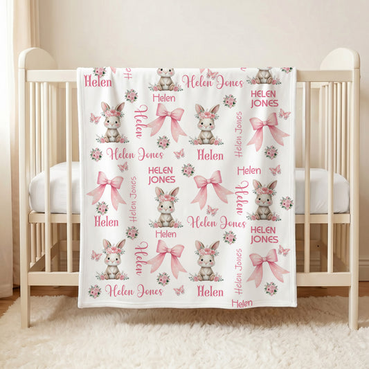 Personalized Floral Bunny Pink Bow Soft Throw Blanket with Name Bedroom Decor Baby Shower Birthday Gift for Baby Girl