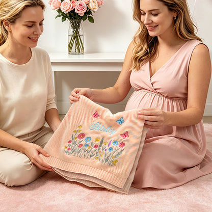Personalized Embroidered Wildflower Cotton Knit Baby Blanket with Name Birthday Baby Shower Gift for Infants Baby Girls