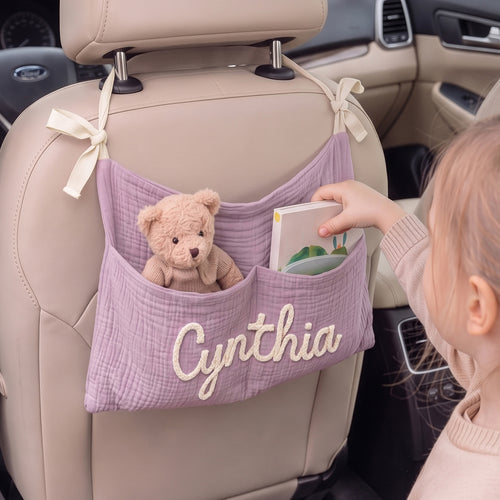 Personalized Soft Cotton Linen Hanging Storage Bag with Knit Name Car Seat Organizer & Crib Nursery Storage Decor Baby Shower Gift for Kids