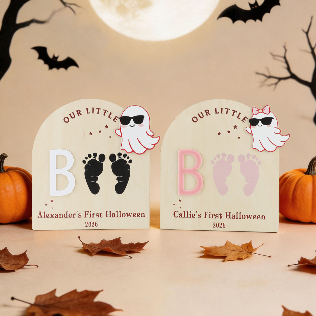 Personalized Ghost Bat Wooden DIY Footprint Art Sign with Name and Year Baby's First Halloween Gift for Baby New Parent