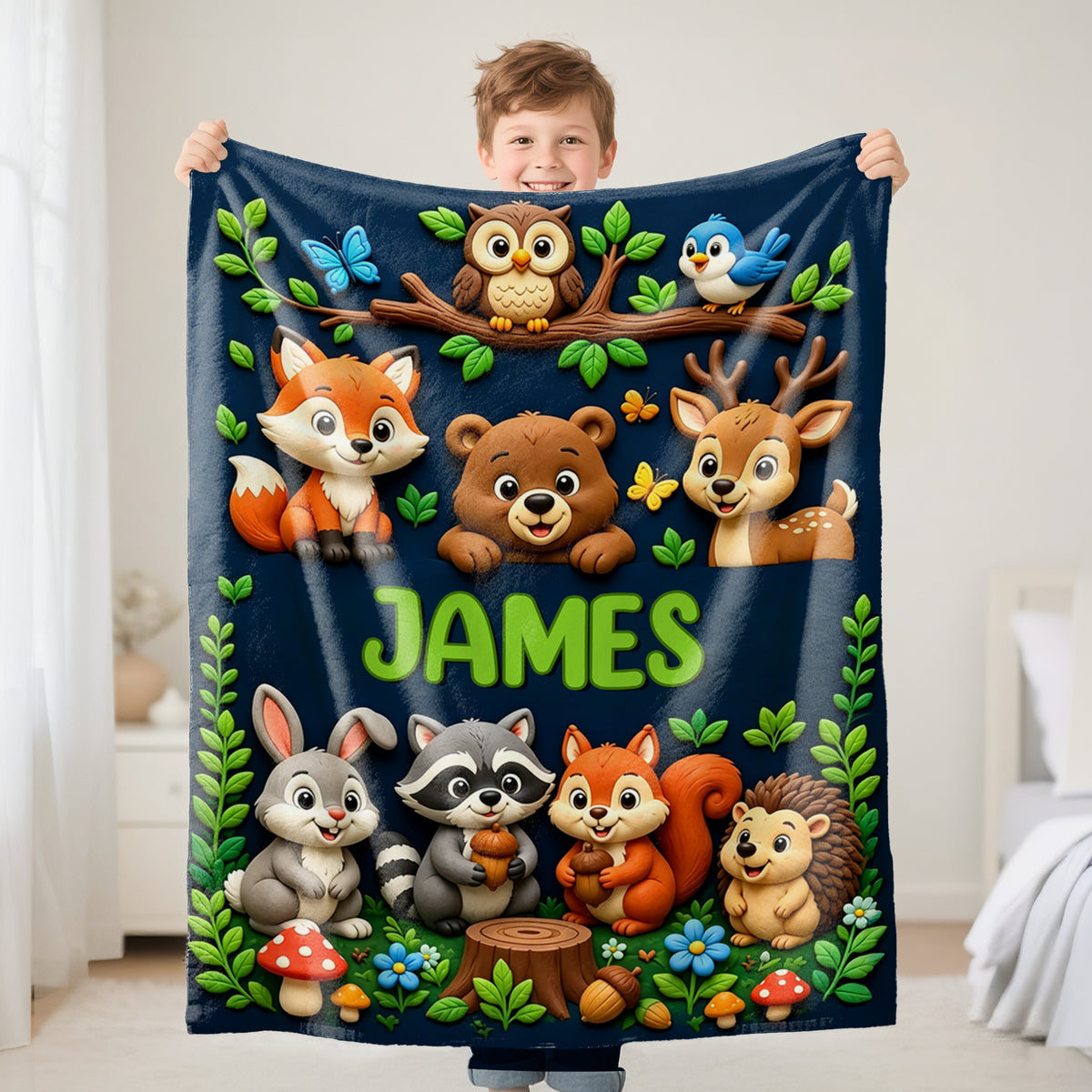 Personalized Cute Woodland Animal Truck Fantasy Cartoon Theme Design Soft Throw Blanket with Name Room Decor  Daily Use Birthday Gift for Kids