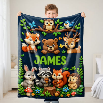 Personalized Cute Woodland Animal Truck Fantasy Cartoon Theme Design Soft Throw Blanket with Name Room Decor  Daily Use Birthday Gift for Kids