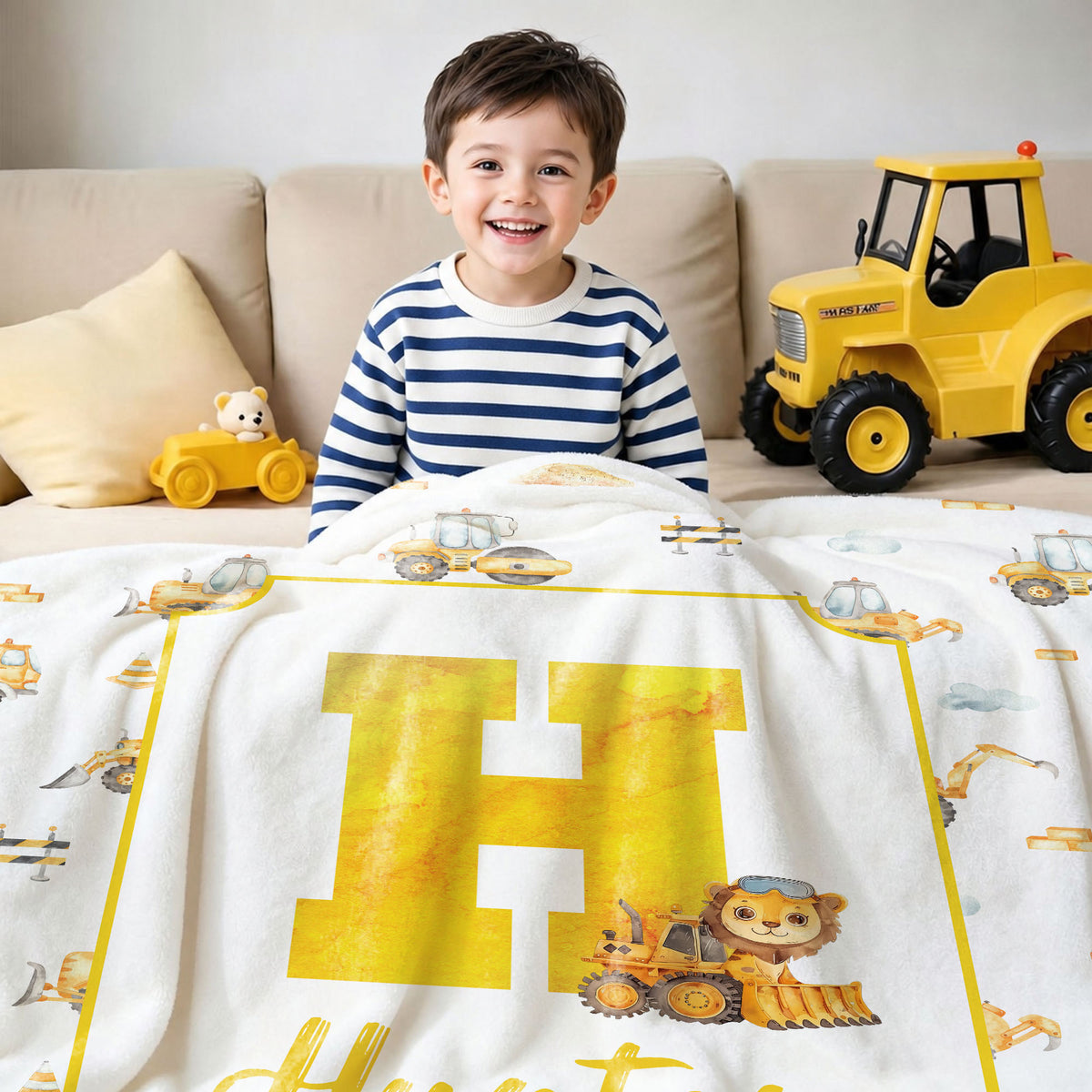 Personalized Cartoon Animal Construction Bulldozer Soft Throw Blanket with Name and Initial Nursery Decor Birthday Baby Shower Gift for New Baby