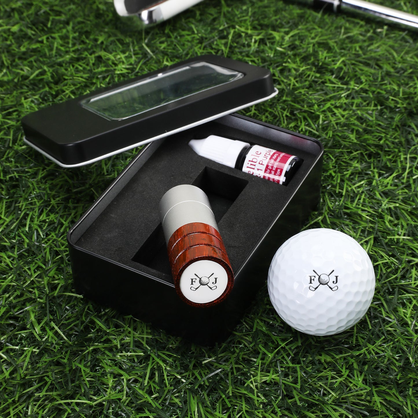 Personalized Golf Elements Initial Design Golf Ball Stamp with Name and Tin Storage Box Golf Accessory Birthday Gift for Golf Lover Player