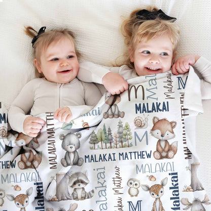 Personalized Cute Hand Painted Animals Soft Throw Blanket with Name and Initial Home Decor Daily Use Birthday Gift for Kids