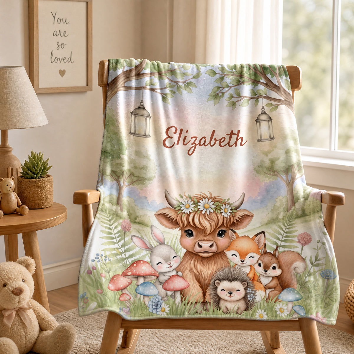 Personalized Forest Friends Highland Cow Rabbit Foxes Soft Throw Blanket with Name Nursery Decor Baby Shower Gift for Newborn